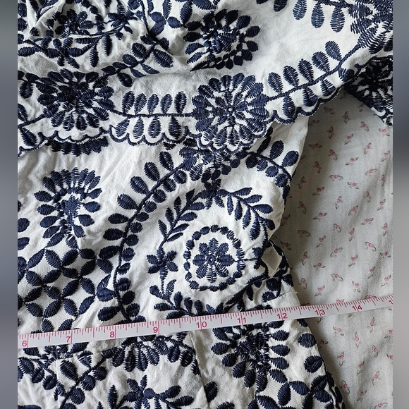 White And Navy Blue Embroidered Off The Shoulder Shorts Romper/ Jumpsuit - Picture 7 of 8